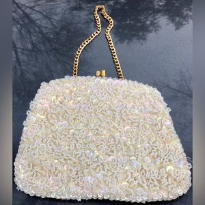 Vintage 1950s White Beaded Sequined Clutch Wristlet Handbag Coin Purse Satchel
